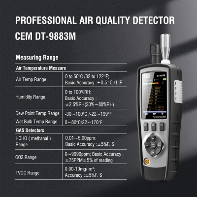 Xtester- CEM DT-9883M 8in 1PM2.5/10 HCHO CO2 TVOC Laser Particle Counter (0.3,0.5,1.0,2.5,5.0,10um Mass Concentration Channel