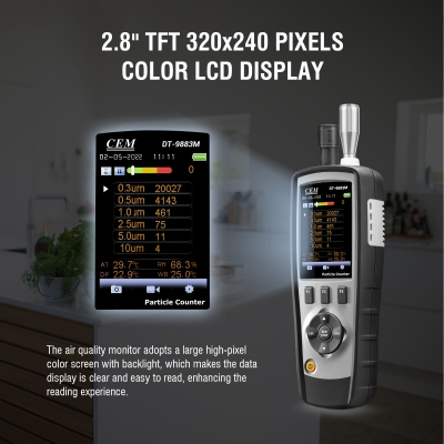 Xtester- CEM DT-9883M 8in 1PM2.5/10 HCHO CO2 TVOC Laser Particle Counter (0.3,0.5,1.0,2.5,5.0,10um Mass Concentration Channel