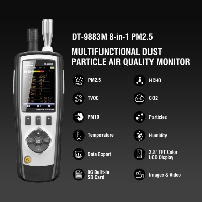 Xtester- CEM DT-9883M 8in 1PM2.5/10 HCHO CO2 TVOC Laser Particle Counter (0.3,0.5,1.0,2.5,5.0,10um Mass Concentration Channel