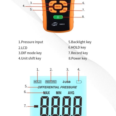 Xtester-GM522 Portable LCD Pressure Manometer Gauge Air Meter USB Data Correction