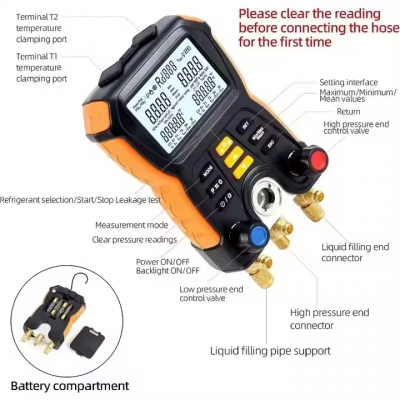Musktool-HT-750 Digital Pressure Gauge New Refrigeration Vacuum Manifold Tester Meter Essential Tool for Refrigerant Management